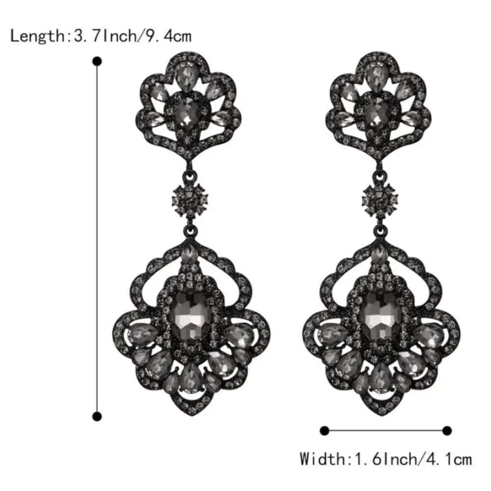 Carbon Black with Charcoal Gray Austrian Crystal Teardrop Chandelier Earrings